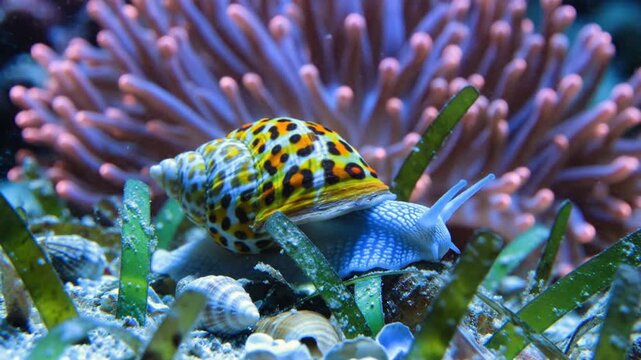 Vibrant leopard pattern sea snail crawling on tropical coral reef seabed.