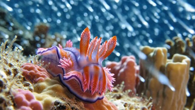 Vibrant Nudibranch Sea Slug on Colorful Coral Reef Underwater.