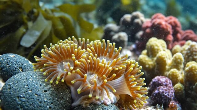 Vibrant Orange Sea Anemones and Diverse Colorful Corals in Underwater Reef Environment.