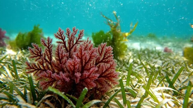 Vibrant Red Algae and Green Seaweed in Clear Tropical Underwater World with Bubbles.