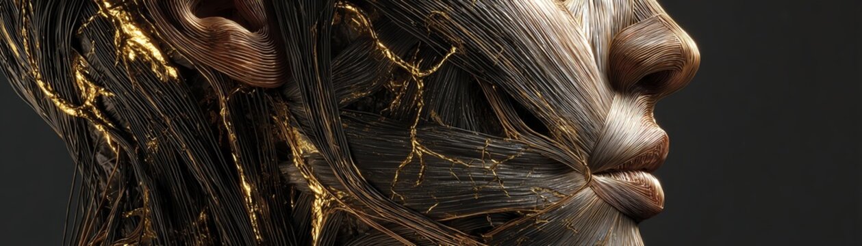 Intricate face art with golden threads.