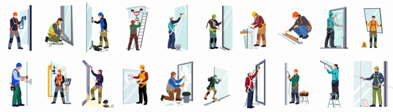 Set of flat vector illustrations depicting professional glaziers and window installers performing various glass installation, maintenance, and repair tasks in safety gear.
