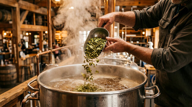 Craft beer brewing, hops addition, brewery kitchen, steaming pot, beer making process, industrial kitchen