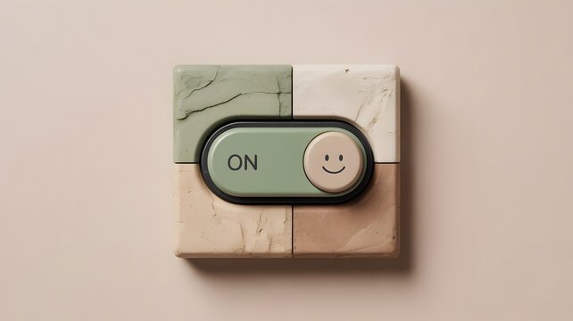 3D Render of Toggle Switch with 'ON' and Smiley Face on Textured Stone Tiles for Happiness and Positivity Concept