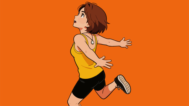 Joyful young female runner looking up happily