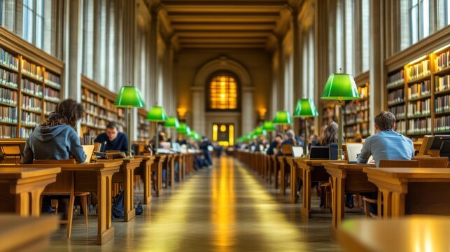 Students studying in a grand, historic library hall with tall bookshelves and green lamps