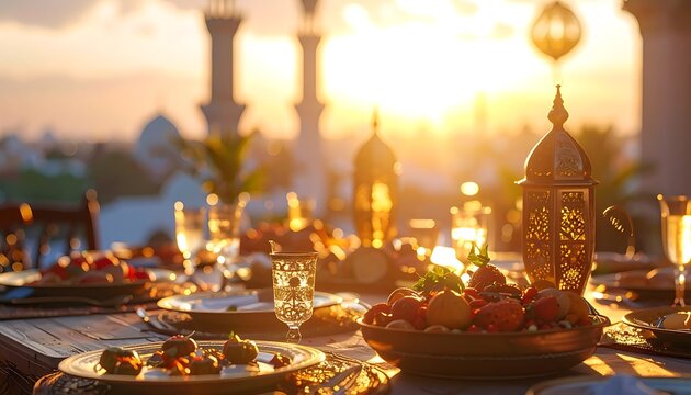 A serene outdoor dining setup at sunset with lanterns