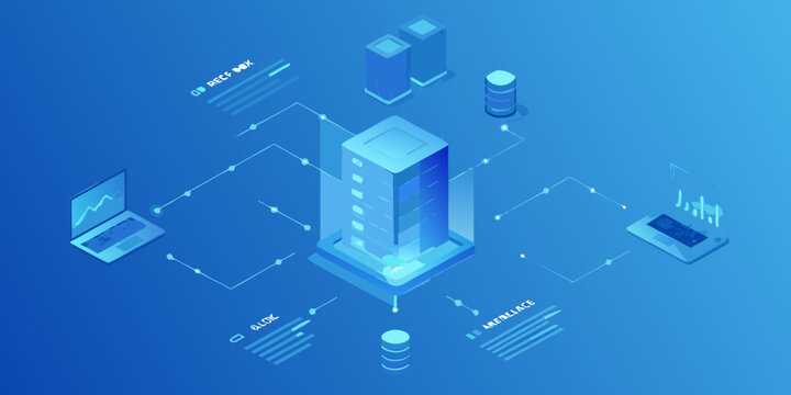 isometric software development illustration with server building laptop and data connections high quality professional detailed