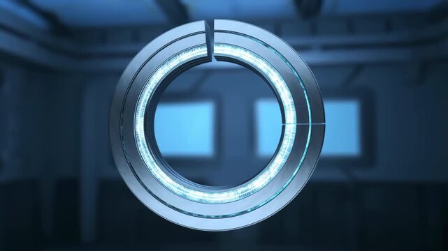 Futuristic glowing ring assembles in a high-tech science fiction interior