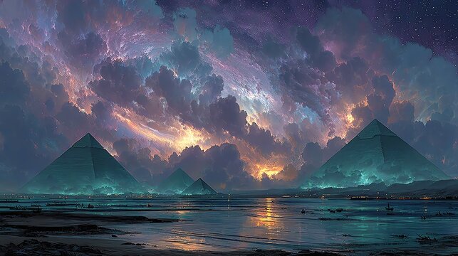 Serene pyramids under a celestial sky.