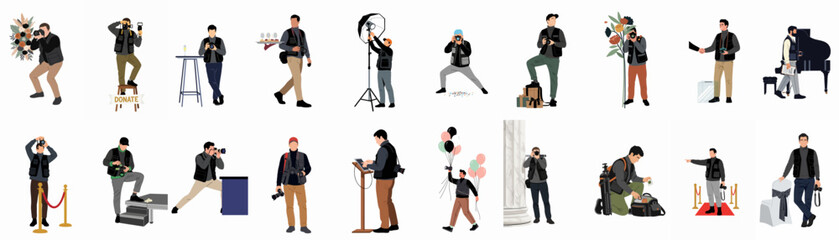 Set of event photographers in various professional situations, including weddings, galas, and concerts, capturing special moments with cameras and equipment. © Asep