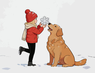 Little girl playing with golden retriever in winter snow
