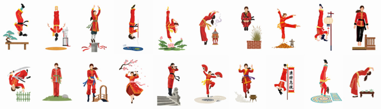 Set of 18 vector illustrations depicting a woman in traditional Chinese attire performing various martial arts, acrobatic, and meditative poses in symbolic settings.