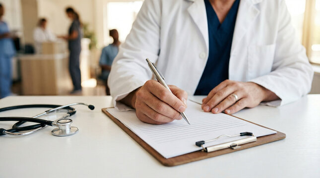 Close up of doctor writing prescription on clipboard perfect for medical healthcare clinic records and treatment
