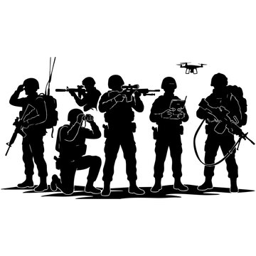 Modern Military Infantry Squad Silhouette with Sniper and Drone