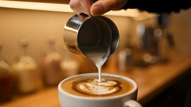 Barista Pouring Steamed Milk into Coffee Cup to Make Latte Art