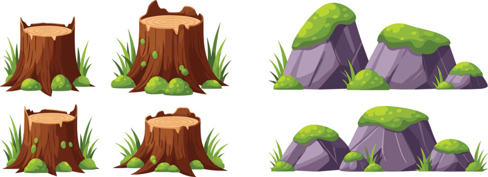 cartoon forest landscape elements set with old wood tree stumps and grey rocks covered in green moss isolated on white background vector illustration
