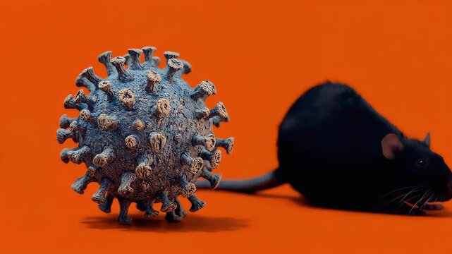 3D Coronavirus Close Up with Rat Silhouette on Orange Studio Background