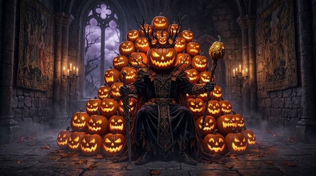 Hellowine king halloween pumpkin throne dark fantasy digital art