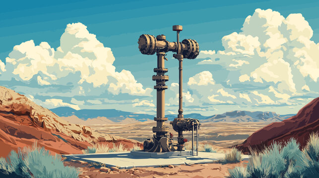 Oil pump jack in a desert landscape with clouds and mountains