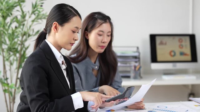 Two asian businesswomen discussing financial data and using a calculator while analyzing charts and graphs, showcasing teamwork and collaborative problem solving in the office