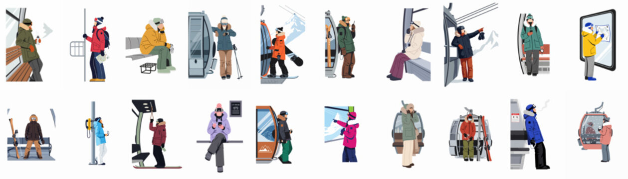 Comprehensive Flat Illustration Set of People in Winter Gear Using Ski Lifts, Gondolas, and Cable Cars at a Mountain Ski Resort