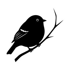 Fototapeta premium Illustration of a detailed black silhouette of a small bird perched on a thin branch with two small twigs, on a, isolated