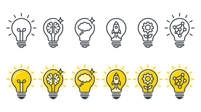 Creative light bulb icons with brain rocket gear and network symbols in outline and yellow flat style, perfect for innovation concept, startup presentation and business brainstorming