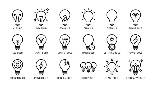 minimalist light bulb line icons set including smart, eco, broken and idea concepts on white background, perfect for infographic design, creative brainstorm and mobile app interface