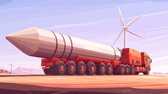 Wind turbine-designed rocket on a desert road with wind turbines