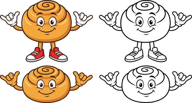 cute cartoon cinnamon roll bun mascot character set with colored and black white line art outline versions vector illustration isolated on white