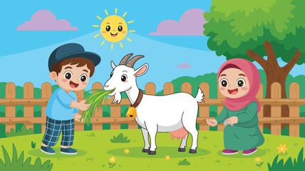 Fototapeta premium Children feeding goat , cartoon farm kids Islamic family animal scene colorful vector artwork cheerful countryside design