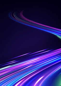 Abstract vector background with glowing neon light trails in blue, purple, pink and cyan colors. Futuristic curved light streaks creating a dynamic sense of speed and motion on a dark background.