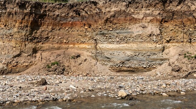 Stratified earth layers exposed along a riverbank, revealing distinct geological formations