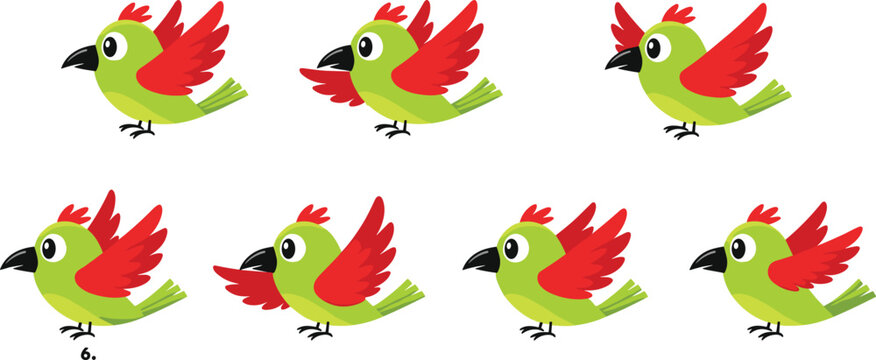 cute cartoon flying green parrot birds set with red wings and crest in different animation frames isolated on plain white background vector illustration