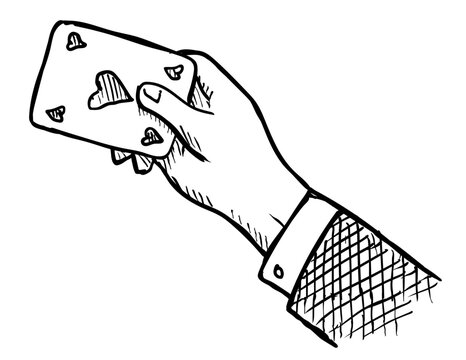 Drawing sketch style illustration of a and flashing playing card magic trick on isolated background done in black and white line art.