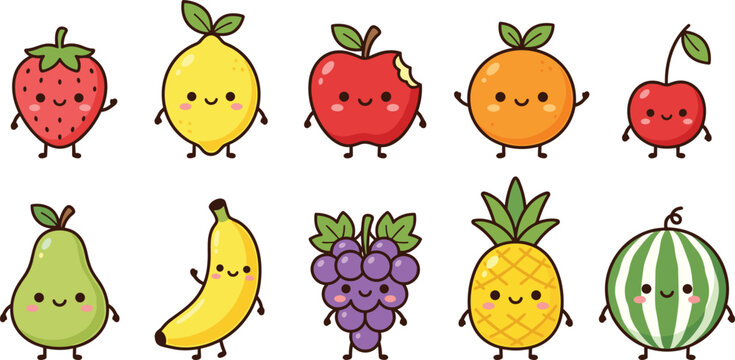 cute cartoon fruits mascot characters set including strawberry lemon apple orange cherry pear banana grape pineapple and watermelon isolated vector illustration