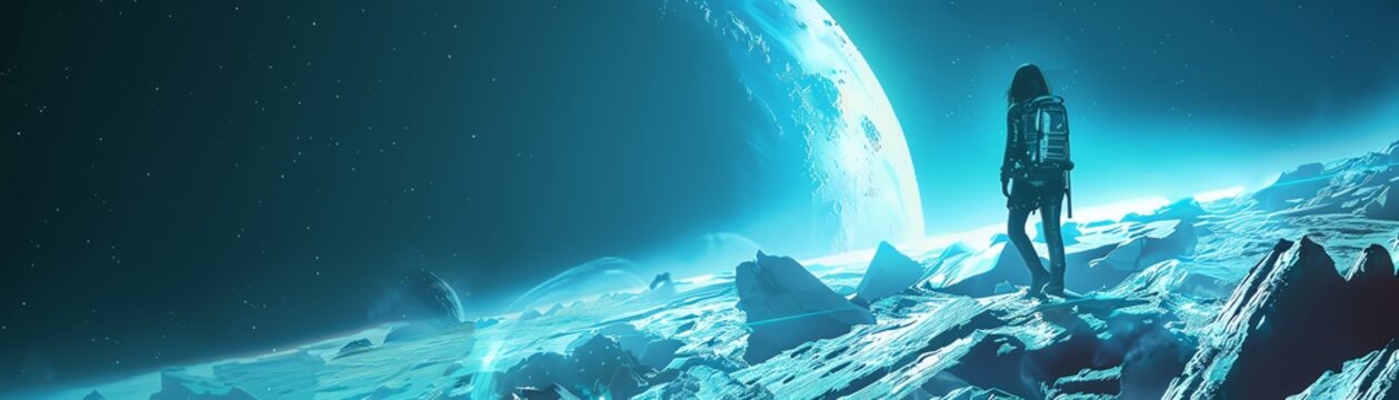 Astronaut exploring an alien moon landscape.