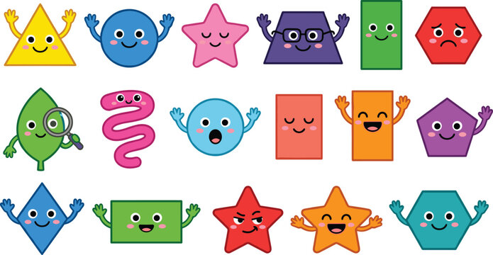 cute cartoon geometric shapes bundle with funny faces triangle circle rectangle stars and hexagon characters set for preschool kids math vector illustration isolated