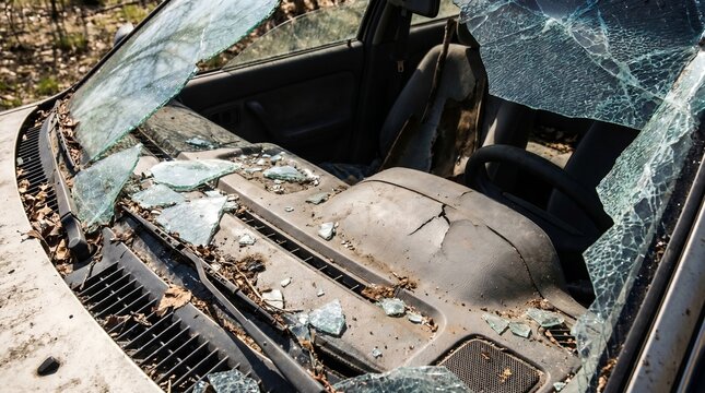 Close-up perspective of a severely damaged car interior, featuring a completely shattered windshield and widespread glass debris across the cracked dashboard, illustrating the devastating aftermath
