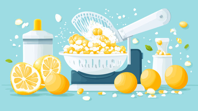 Fresh lemons and popcorn in a kitchen scene with juicer