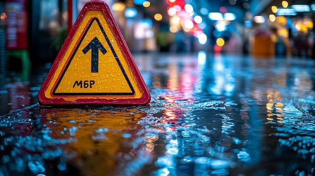 Wet Floor Warning Sign with Caution Wet Area, Abstract Urban Scene, and Blurred Background.