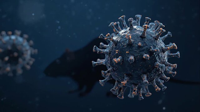 A close-up digital image of a coronavirus particle with spike proteins protruding, floating in a dark, aquatic environment with a shadowy figure nearby