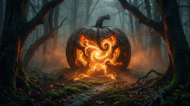 Spooky halloween pumpkin in dark forest with glowing orange flames