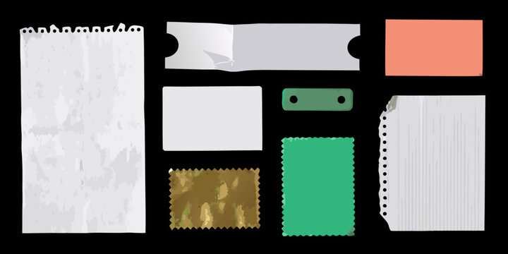 Assorted paper fragments and swatches textured surfaces with torn edges on black background high quality