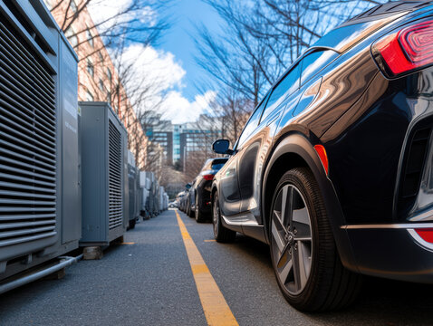  row of parked cars lines a narrow urban street flanked by air conditioning units, with buildings and a bright blue sky overhead.