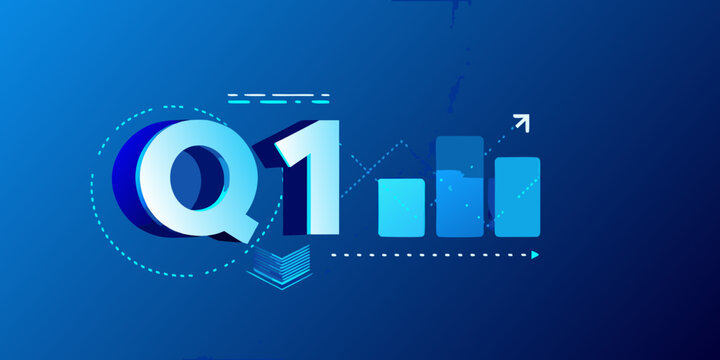 3d render of q1 text with upward trending bar chart and arrow on blue background