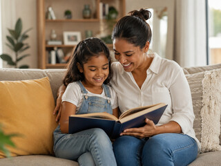 Obraz premium Mother and daughter reading book together at home