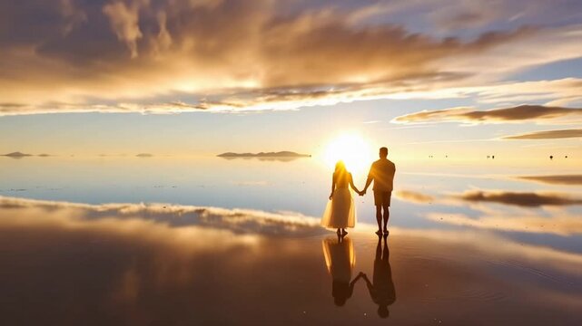 Salar de Uyuni in Bolivia during sunset. Aerial image Rainy Season.Time lapse.