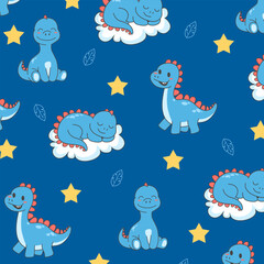 blue seamless vector cartoon design of brontosaurus dinosaur for kids apparel © Rizki